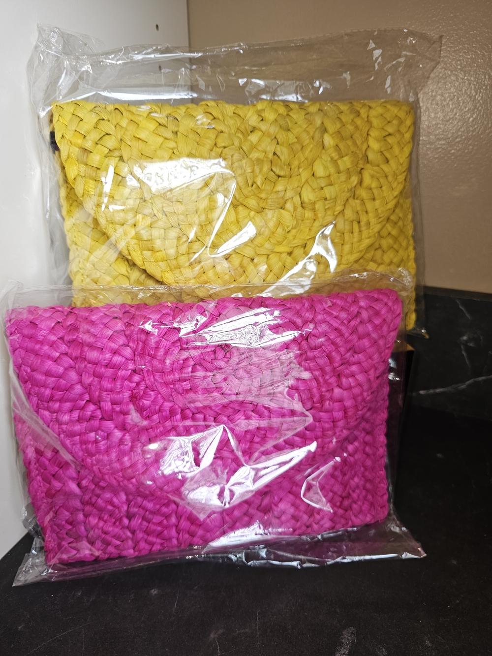 Woven Straw Clutch - Pink & Yellow - NEW